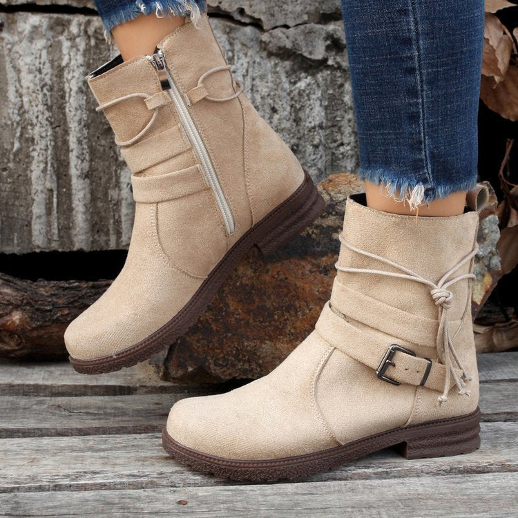 Round Toe Buckle Shoes Casual Retro Boots With Side Zipper Non Slip Ankle Boots For Women