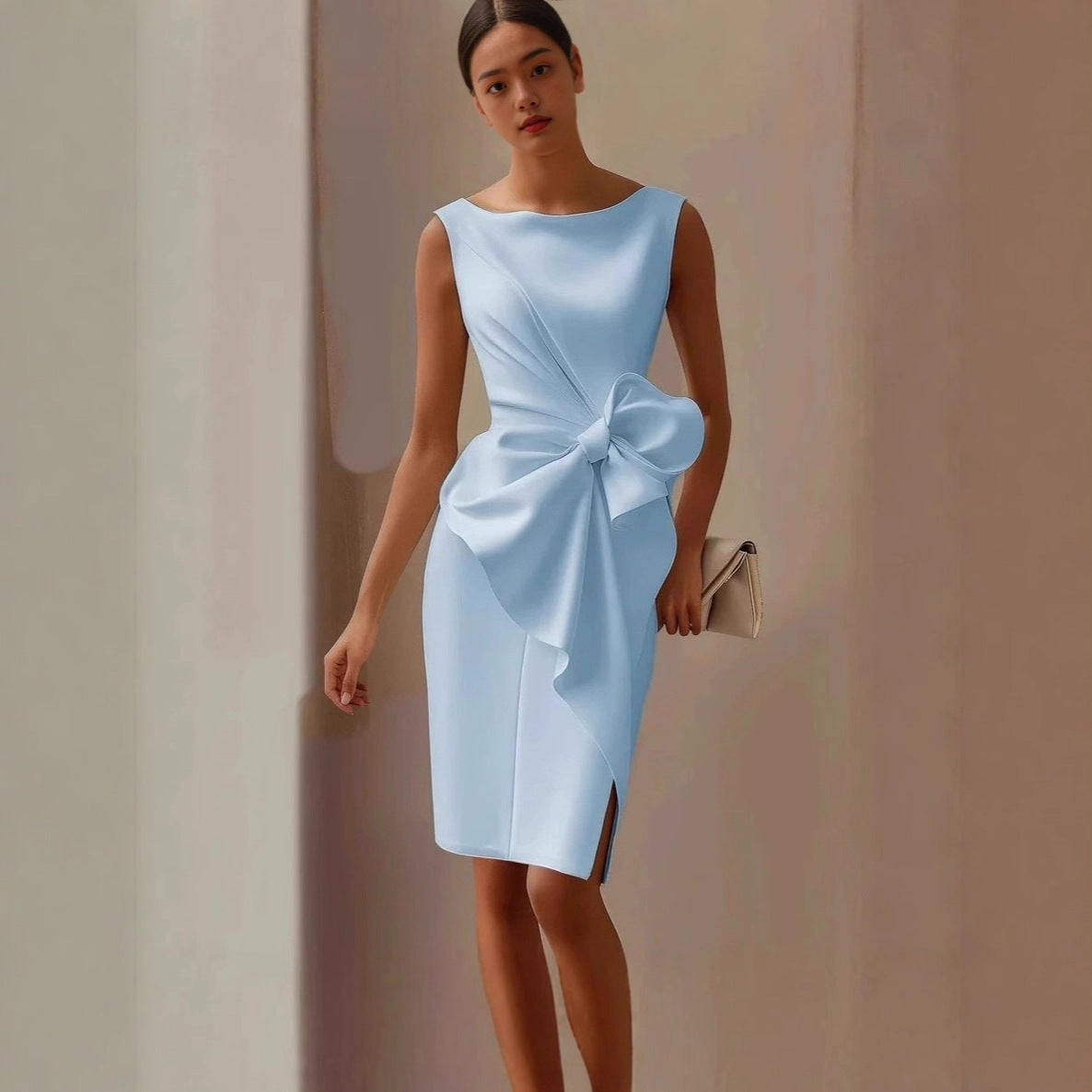 Bow-Knot Sleeveless Midi Dress – High Waist A-Line