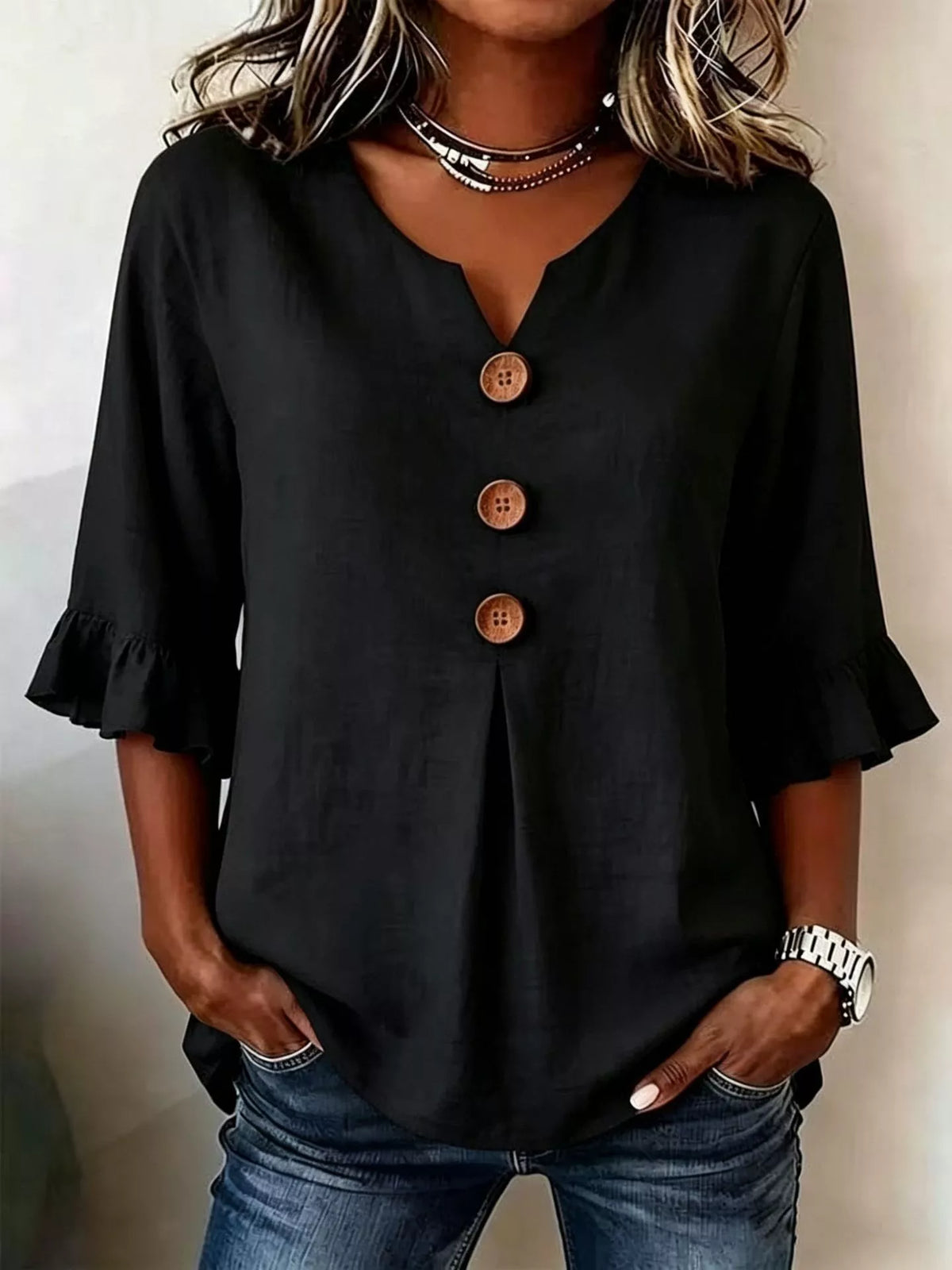 Casual Ruffle‑Sleeve - Button Top Plus Size