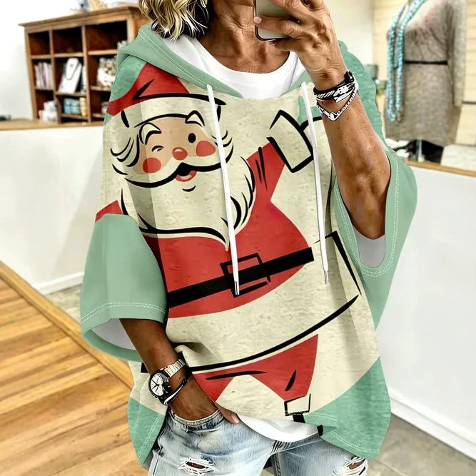 Retro-Print Hoodie With Drawstring And Three-Quarter Sleeves