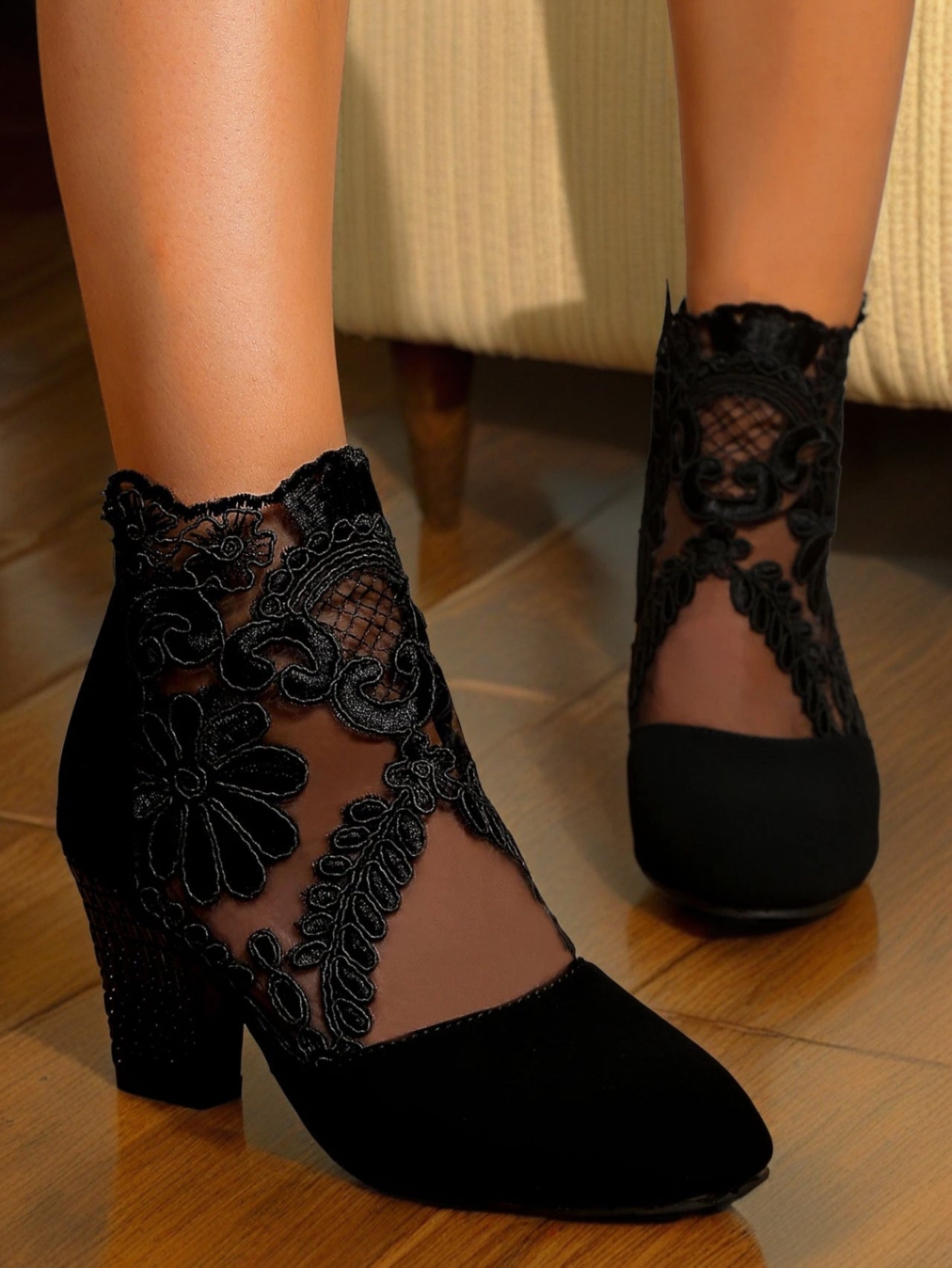 Lace-Embroidered Mesh Chunky-Heel Ankle Boots