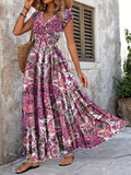 High Waisted Sleevless V-Neck Floral Print A-Line Midi Dress