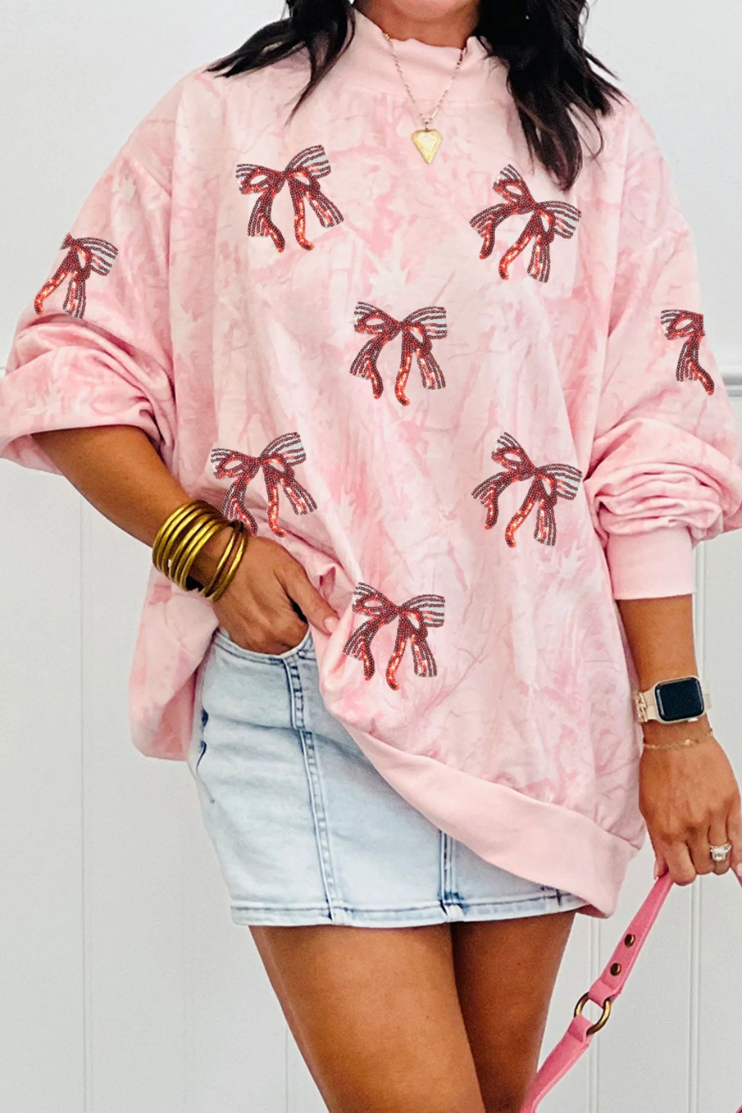 Pink Sequin Valentines Mock Neck Baggy Sweatshirt