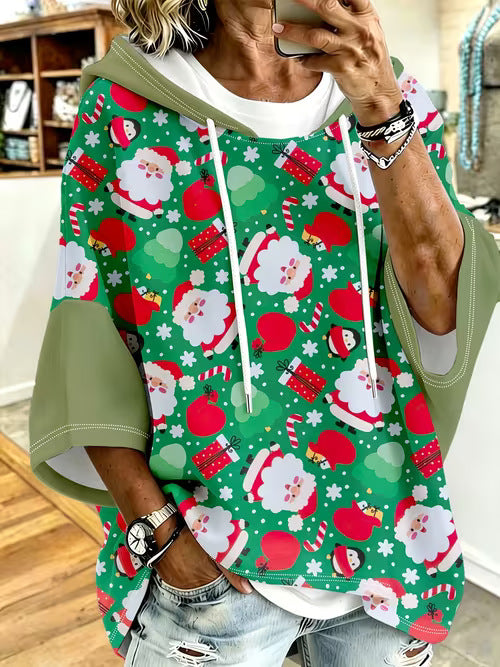 Retro-Print Hoodie With Drawstring And Three-Quarter Sleeves