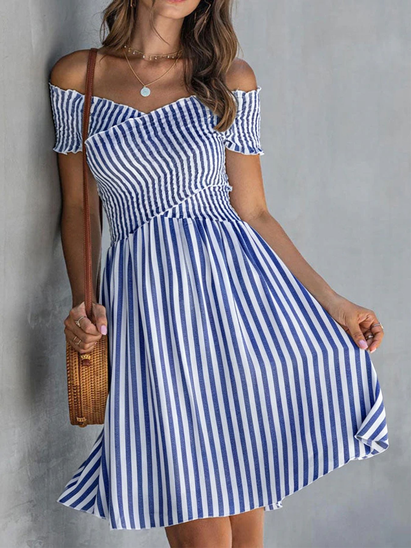 Off-Shoulder Striped Waist-Cinching Midi Dress