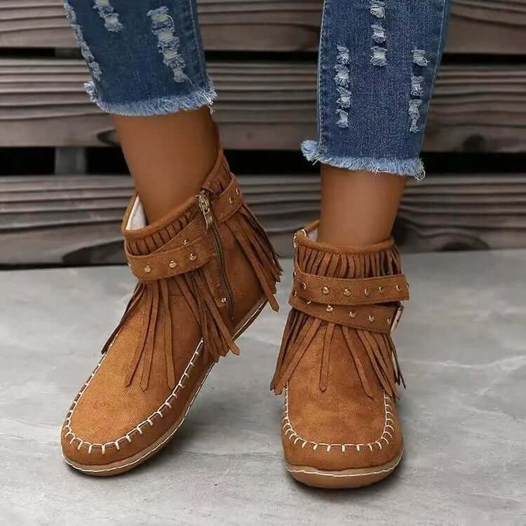 Winter Ankle Boots with Rivet Tassel Detail