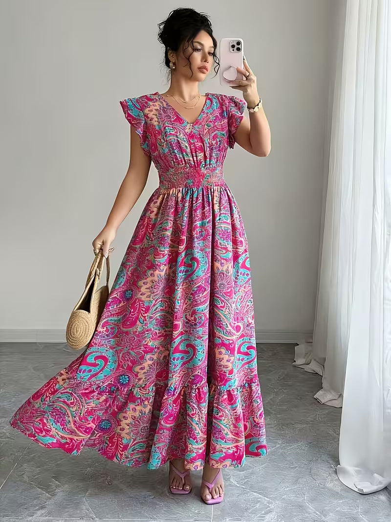 High Waisted Sleevless V-Neck Floral Print A-Line Midi Dress