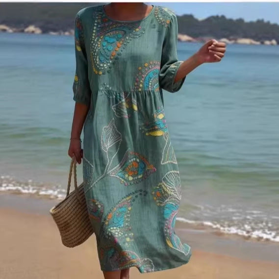 3D Floral Print Long-Sleeve A-Line Dress