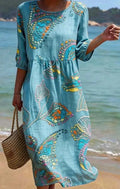 3D Floral Print Long-Sleeve A-Line Dress