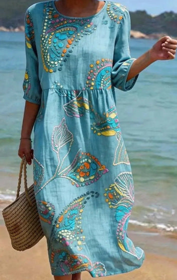 3D Floral Print Long-Sleeve A-Line Dress