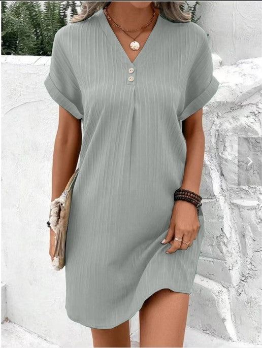 Button-Front V-Neck Dress