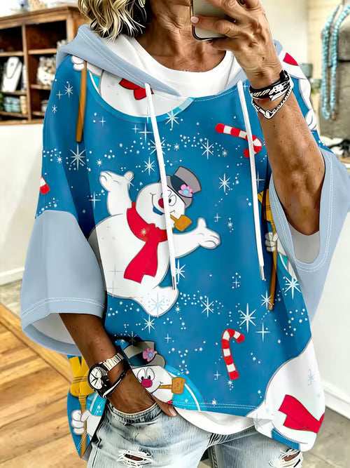 Retro-Print Hoodie With Drawstring And Three-Quarter Sleeves