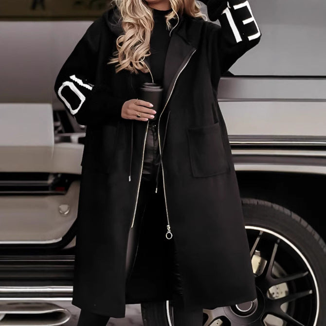 Hooded Windbreaker Long Jacket With Pockets And Drawstring Design