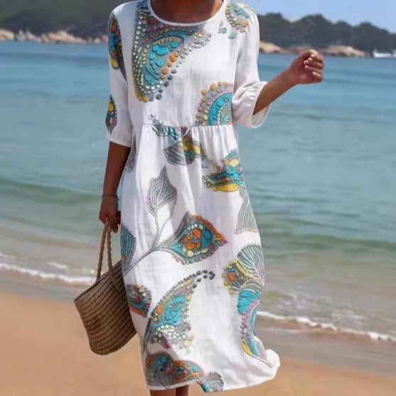 3D Floral Print Long-Sleeve A-Line Dress