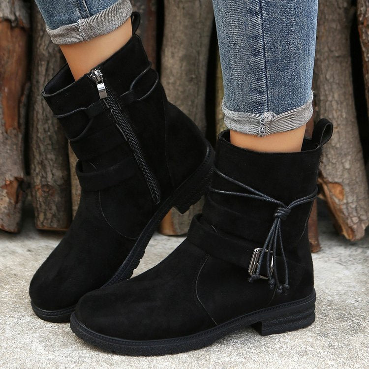 Round Toe Buckle Shoes Casual Retro Boots With Side Zipper Non Slip Ankle Boots For Women
