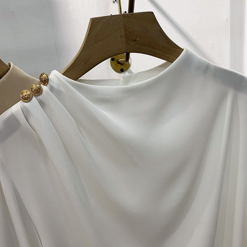 Shoulder-studded Beaded Pullover Long-sleeve Chiffon Blouse For Women