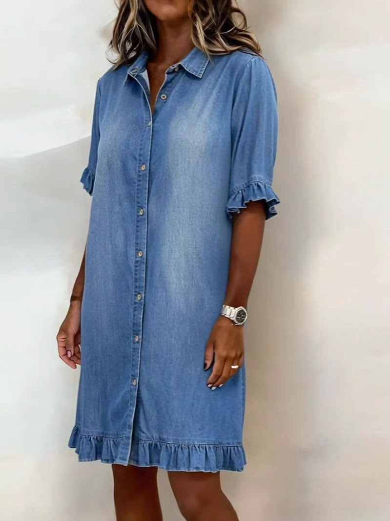 Faux Denim Ruffle-Sleeve Shirt Dress