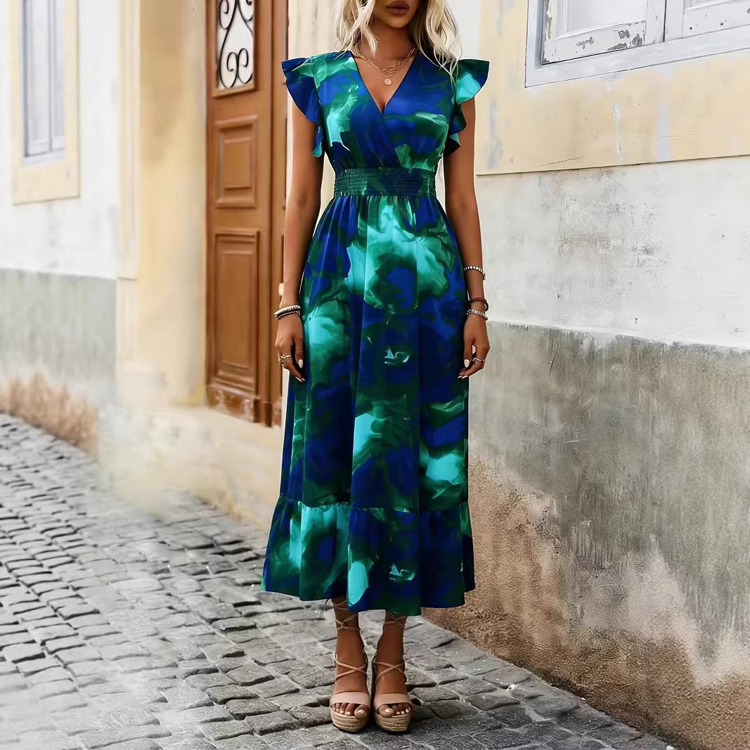 High Waisted Sleevless V-Neck Floral Print A-Line Midi Dress