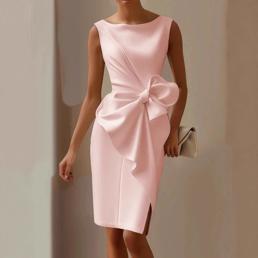 Bow-Knot Sleeveless Midi Dress – High Waist A-Line