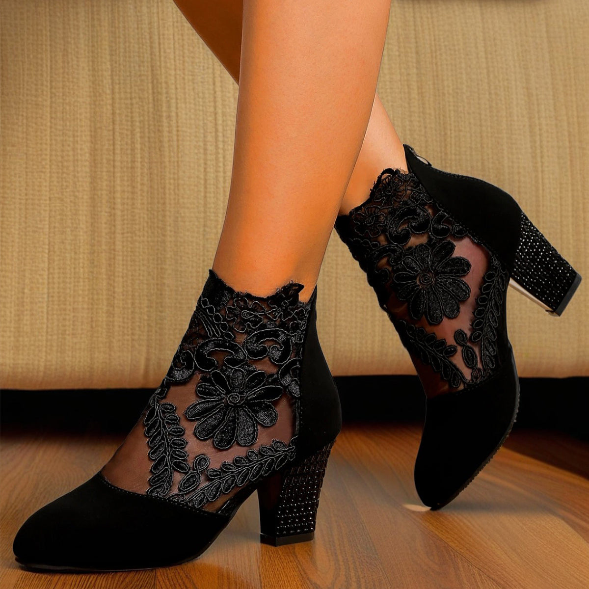 Lace-Embroidered Mesh Chunky-Heel Ankle Boots