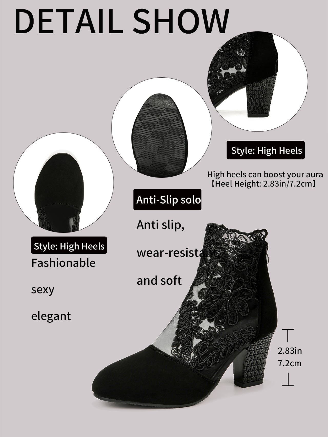 Lace-Embroidered Mesh Chunky-Heel Ankle Boots