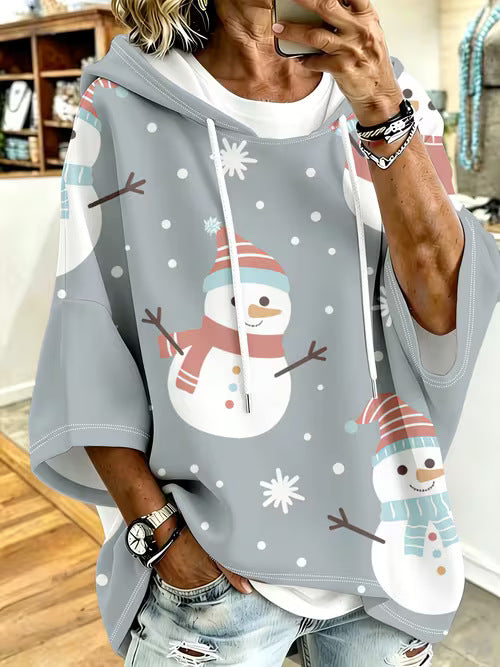 Retro-Print Hoodie With Drawstring And Three-Quarter Sleeves