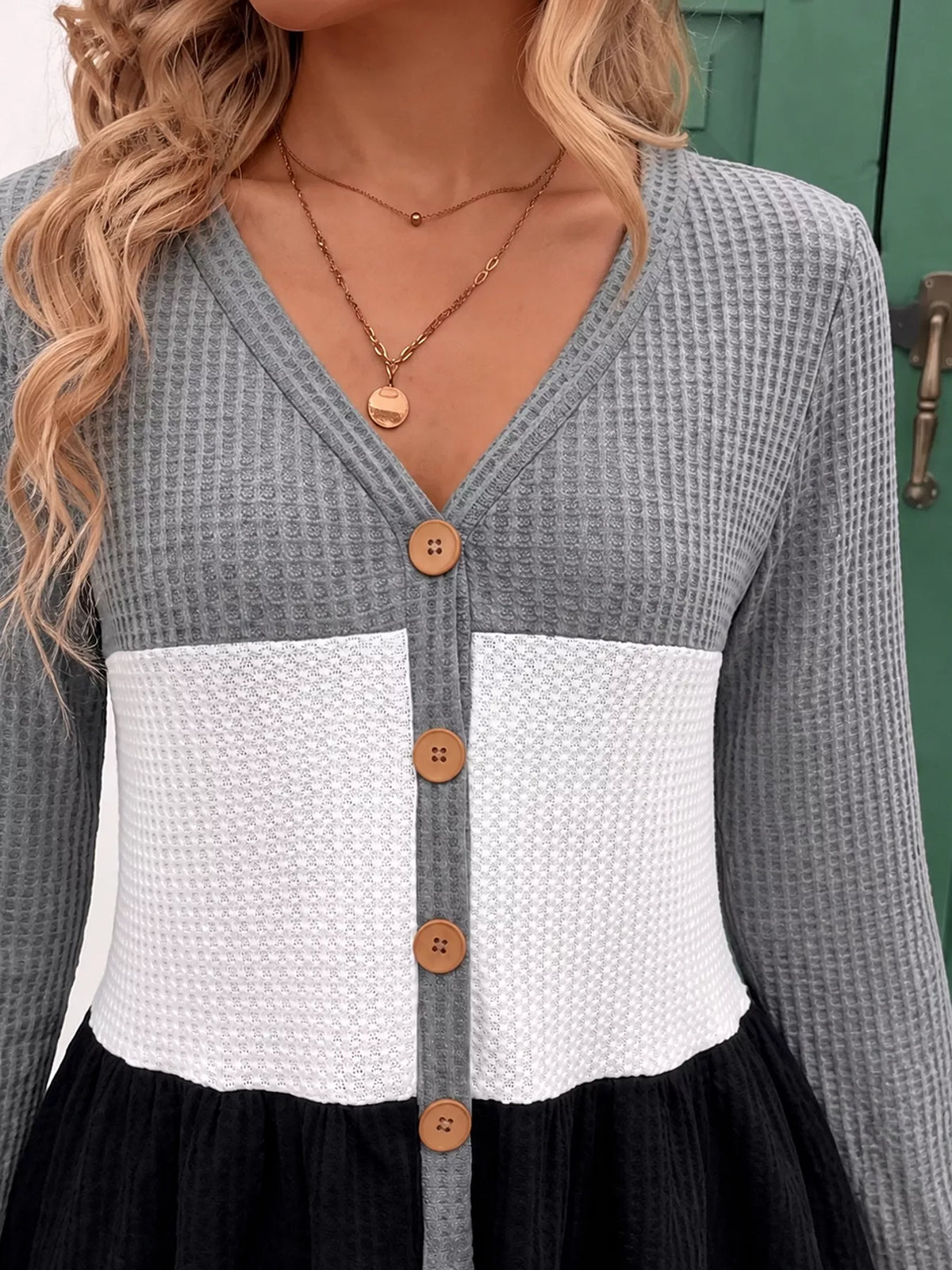 Color Block Waffle Knit Button-Down Cardigan