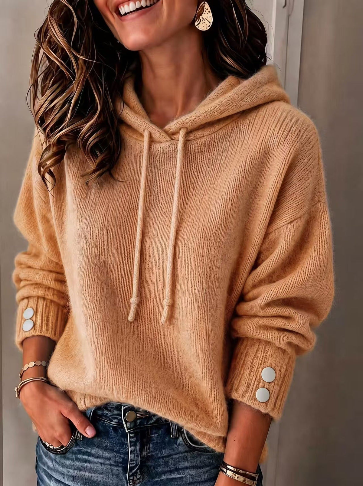 Hooded Loose-fit Drawstring Sweater