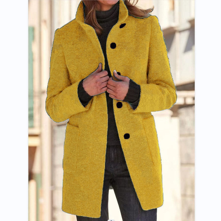Stand Collar Woolen Coat With Pockets Fall Winter Casual Button