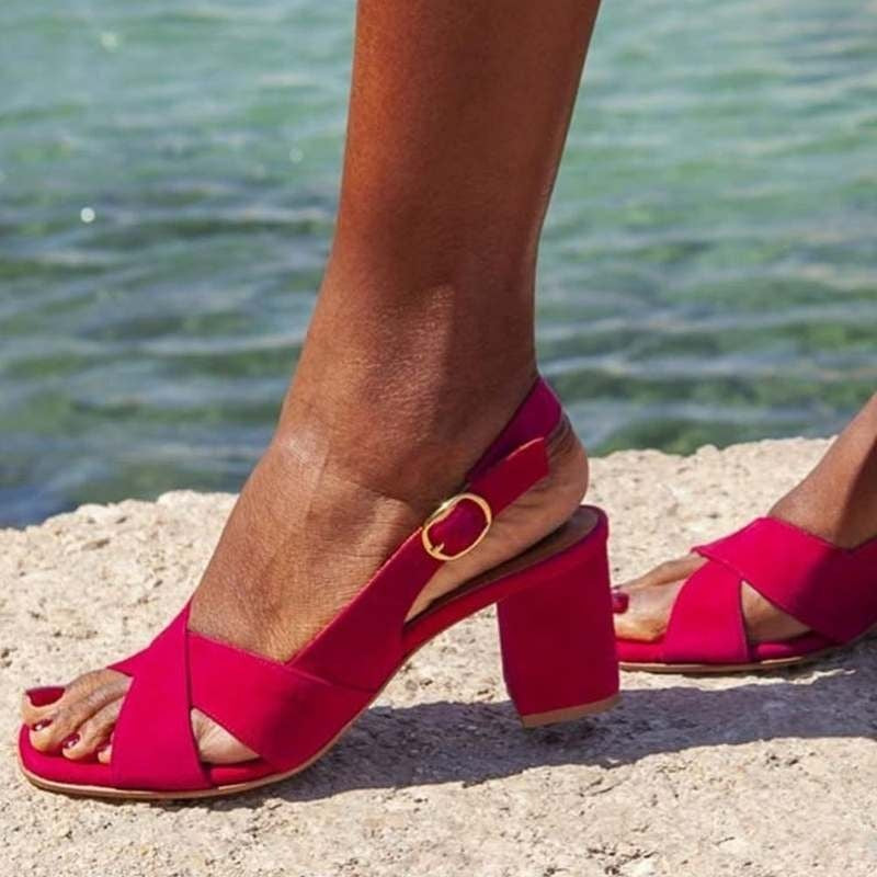 Chunky Heel Open Toe Buckle | Elegant Roman-Style High Heel