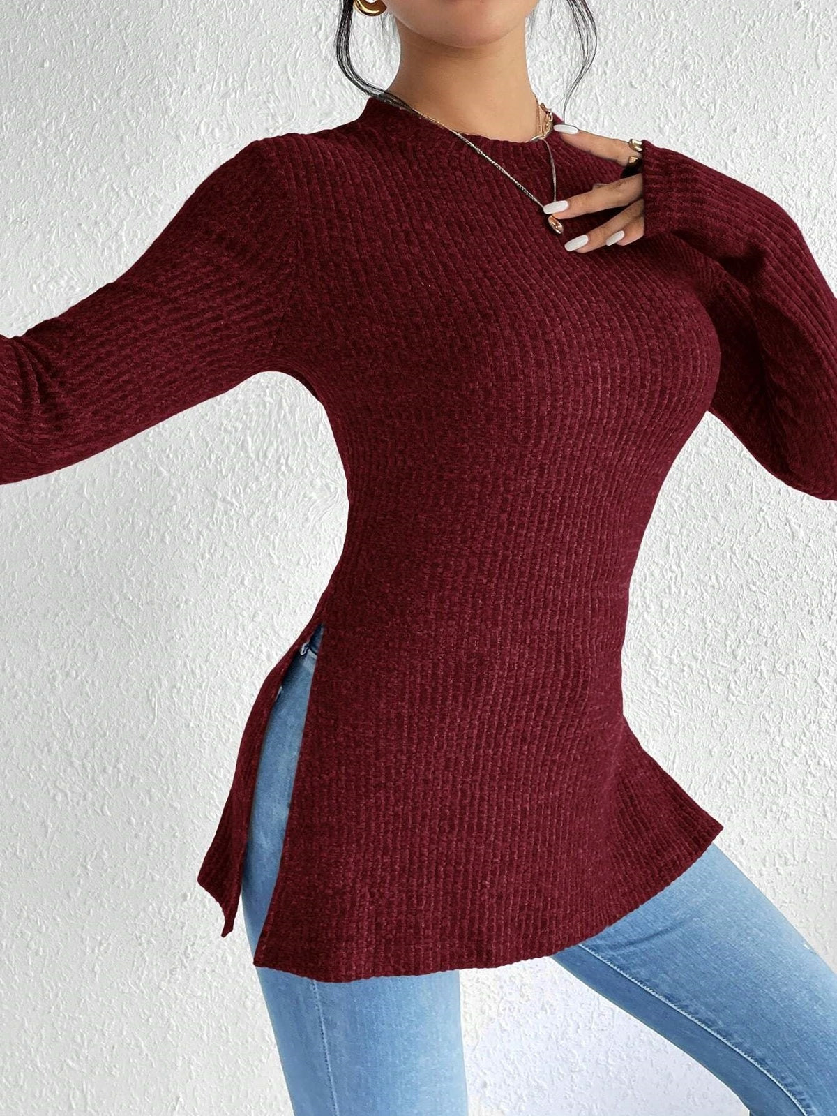 New Arrival Solid Color Ribbed Brushed Knit T-Shirt With Round Neck And Ribbed Hem