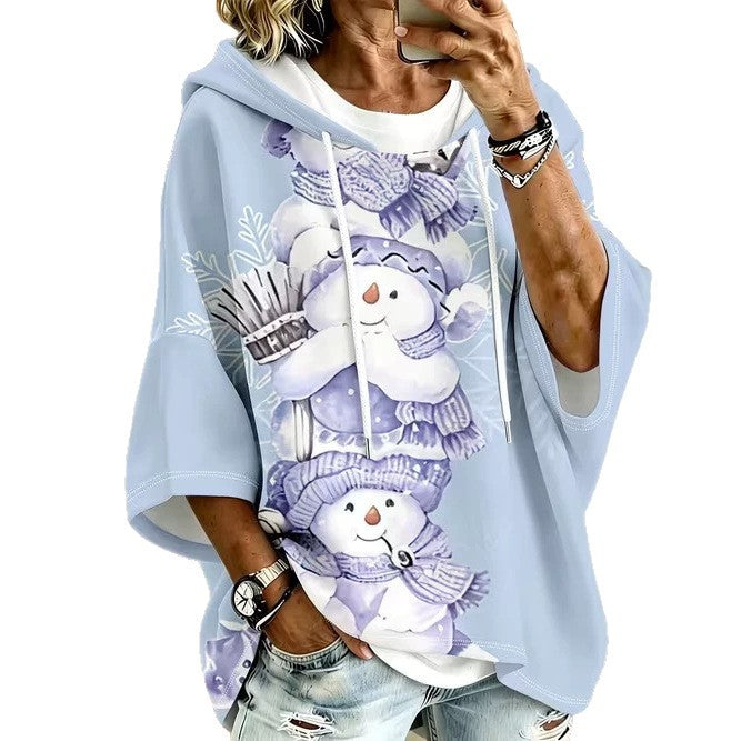 Retro-Print Hoodie With Drawstring And Three-Quarter Sleeves