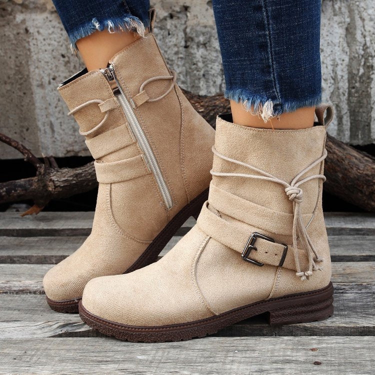 Round Toe Buckle Shoes Casual Retro Boots With Side Zipper Non Slip Ankle Boots For Women