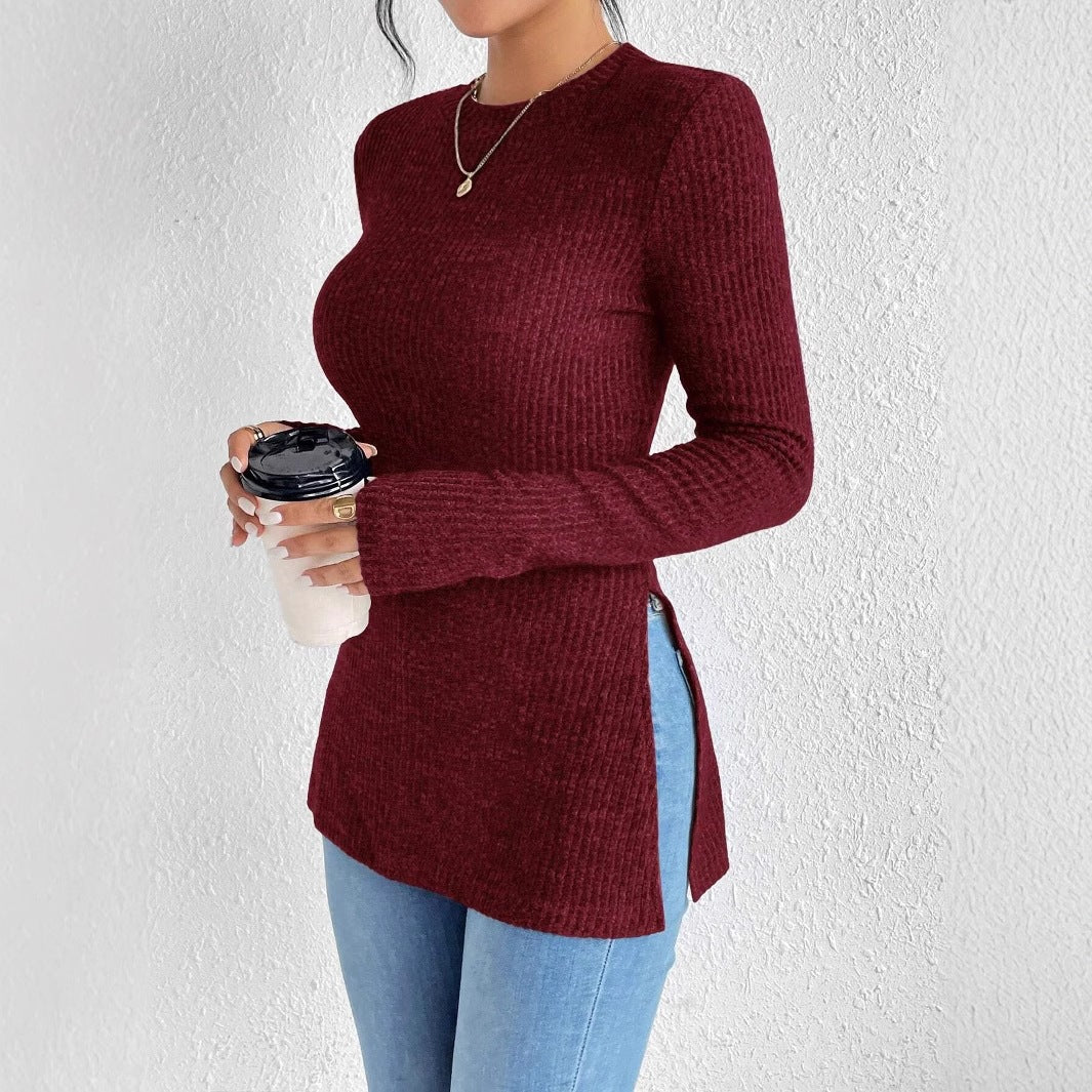 New Arrival Solid Color Ribbed Brushed Knit T-Shirt With Round Neck And Ribbed Hem