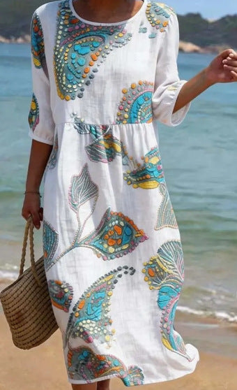3D Floral Print Long-Sleeve A-Line Dress