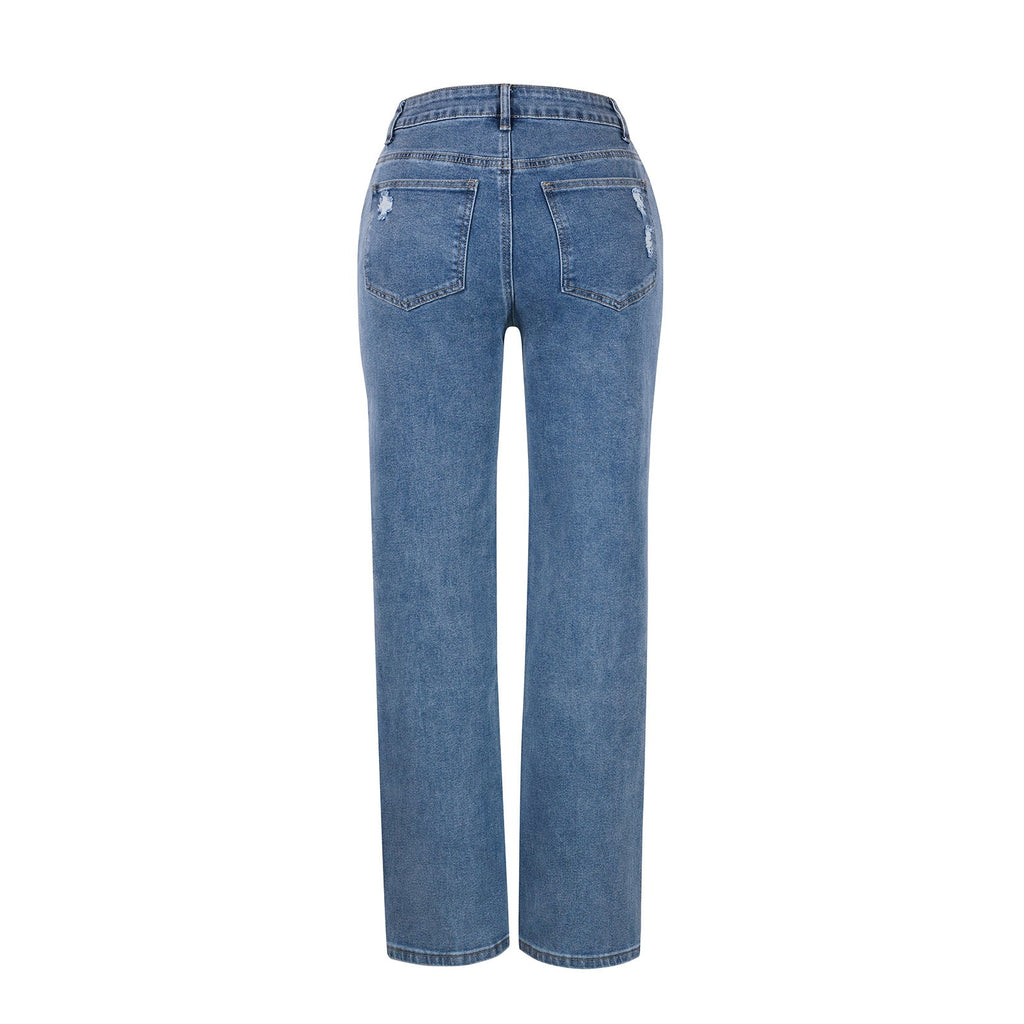 Loose-fit Straight-leg Ripped High-elastic Jeans