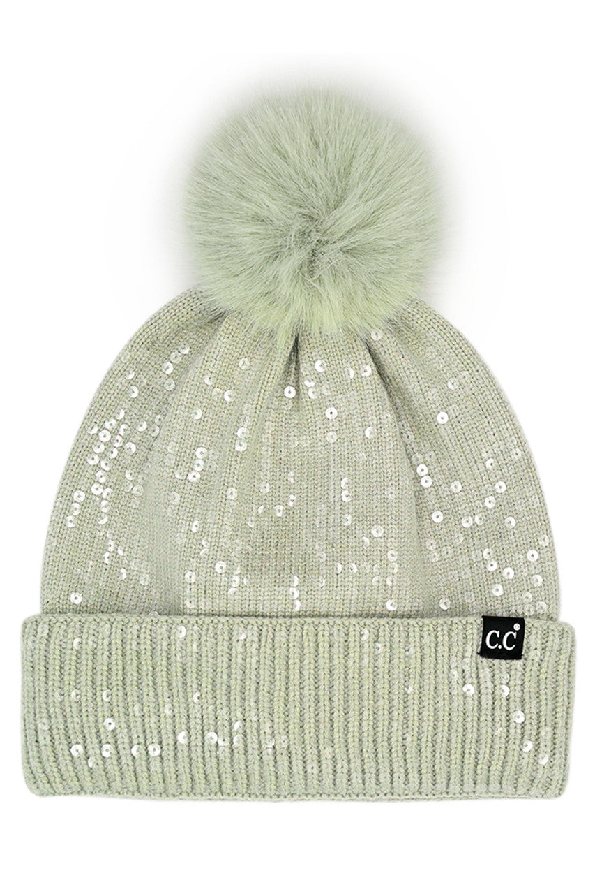 All Over Clear Sequin Pom Beanie