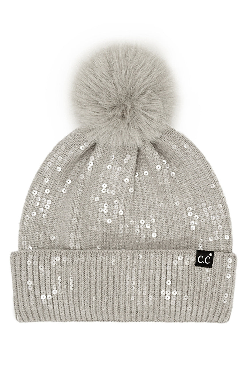 All Over Clear Sequin Pom Beanie