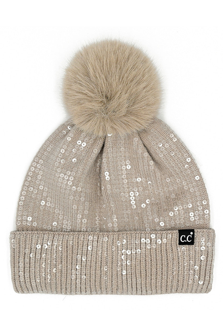 All Over Clear Sequin Pom Beanie