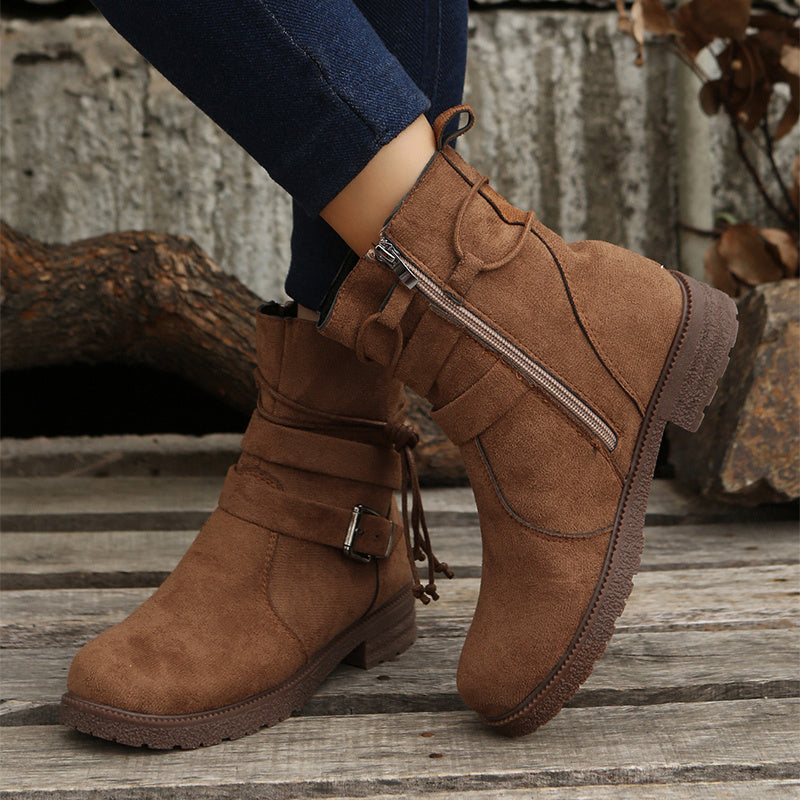 Round Toe Buckle Shoes Casual Retro Boots With Side Zipper Non Slip Ankle Boots For Women