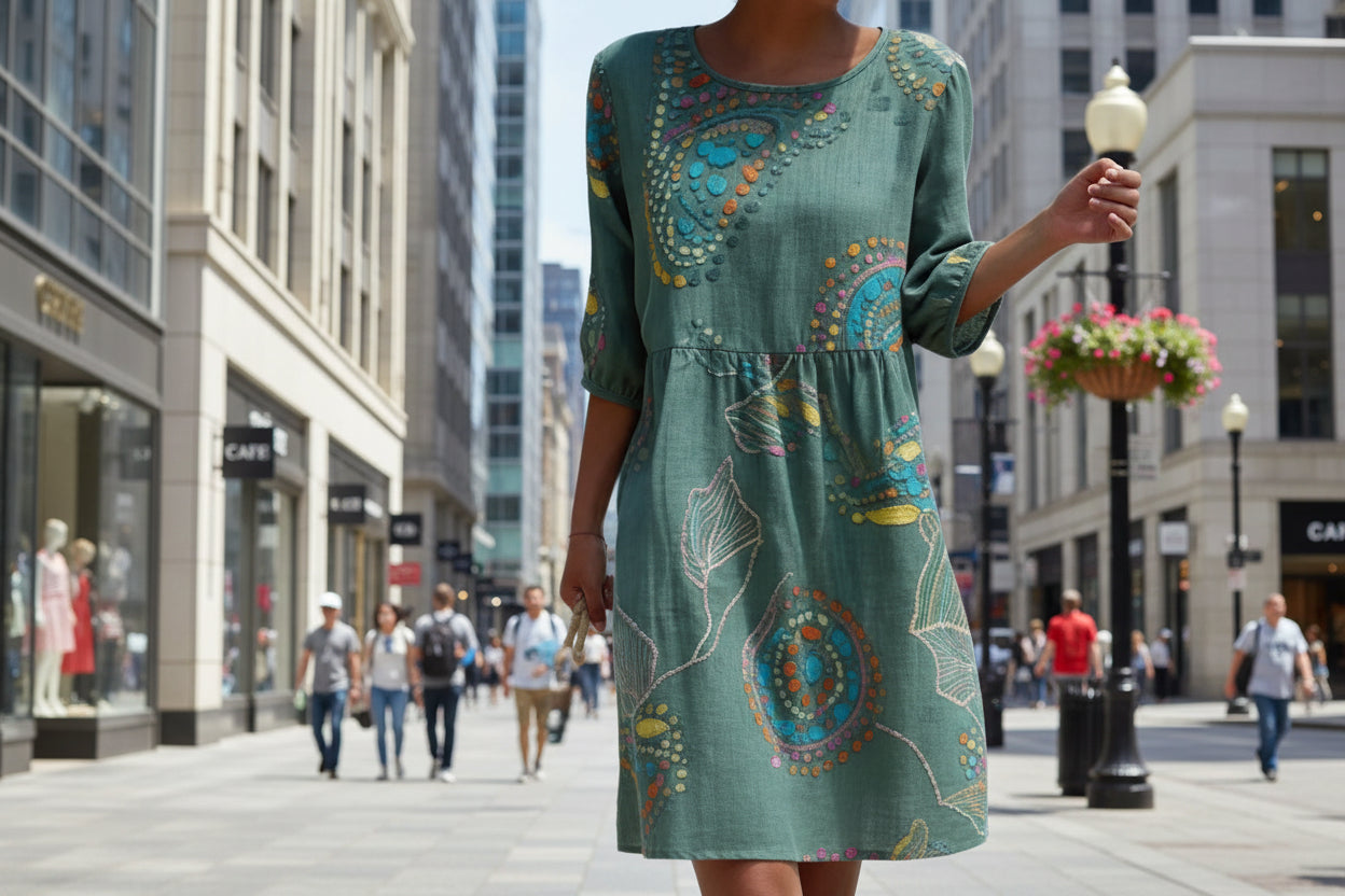 3D Floral Print Long-Sleeve A-Line Dress