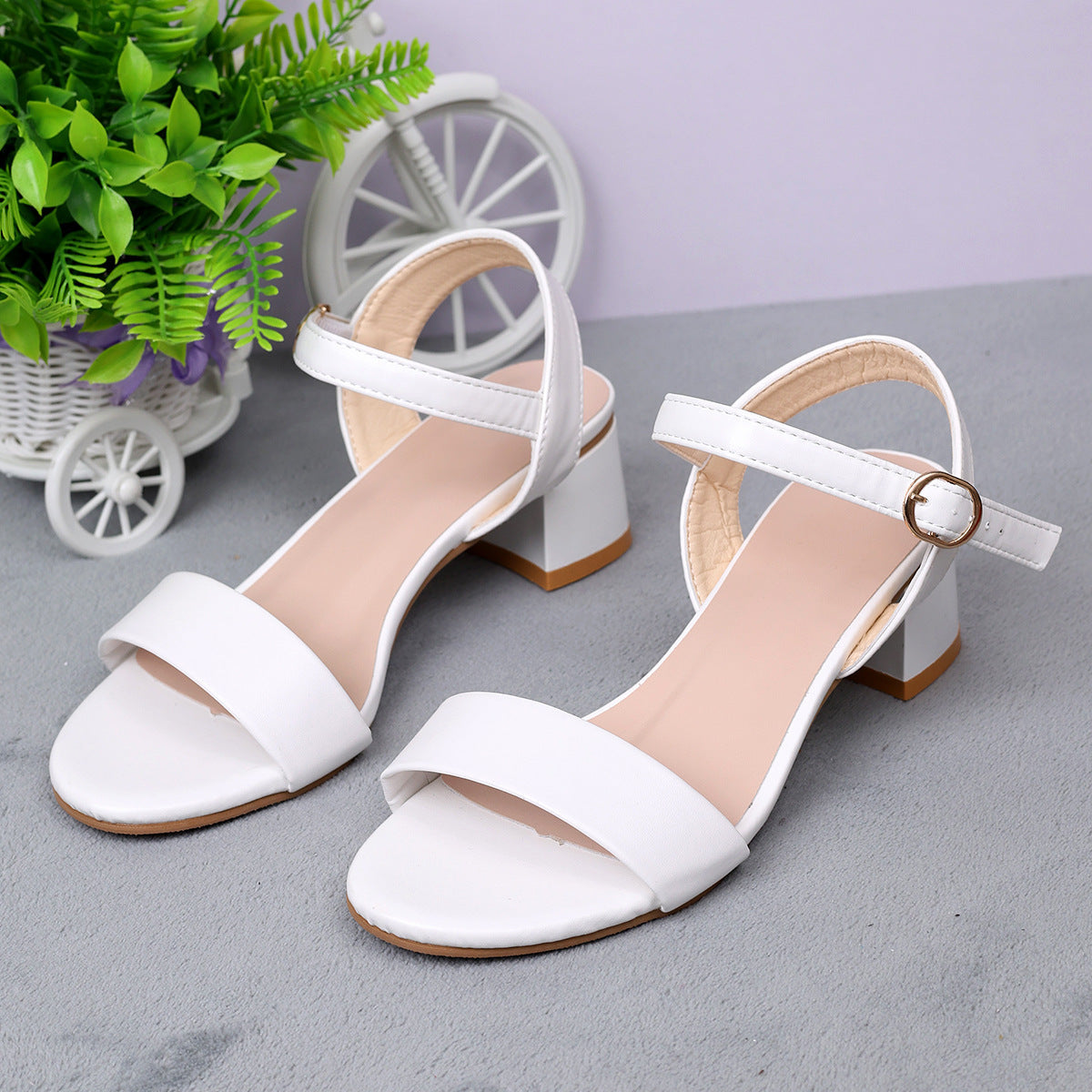 Genuine Leather Sandals Low Heel Buckle Strap  Open Toe