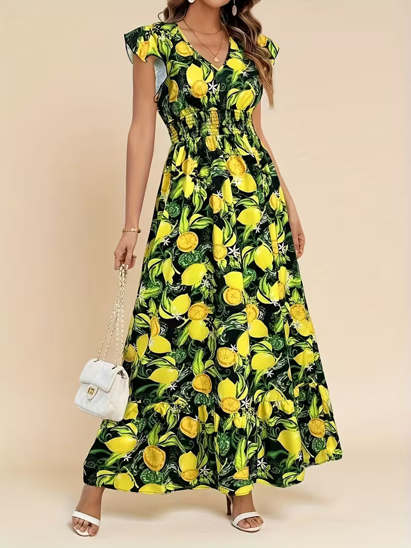 High Waisted Sleevless V-Neck Floral Print A-Line Midi Dress