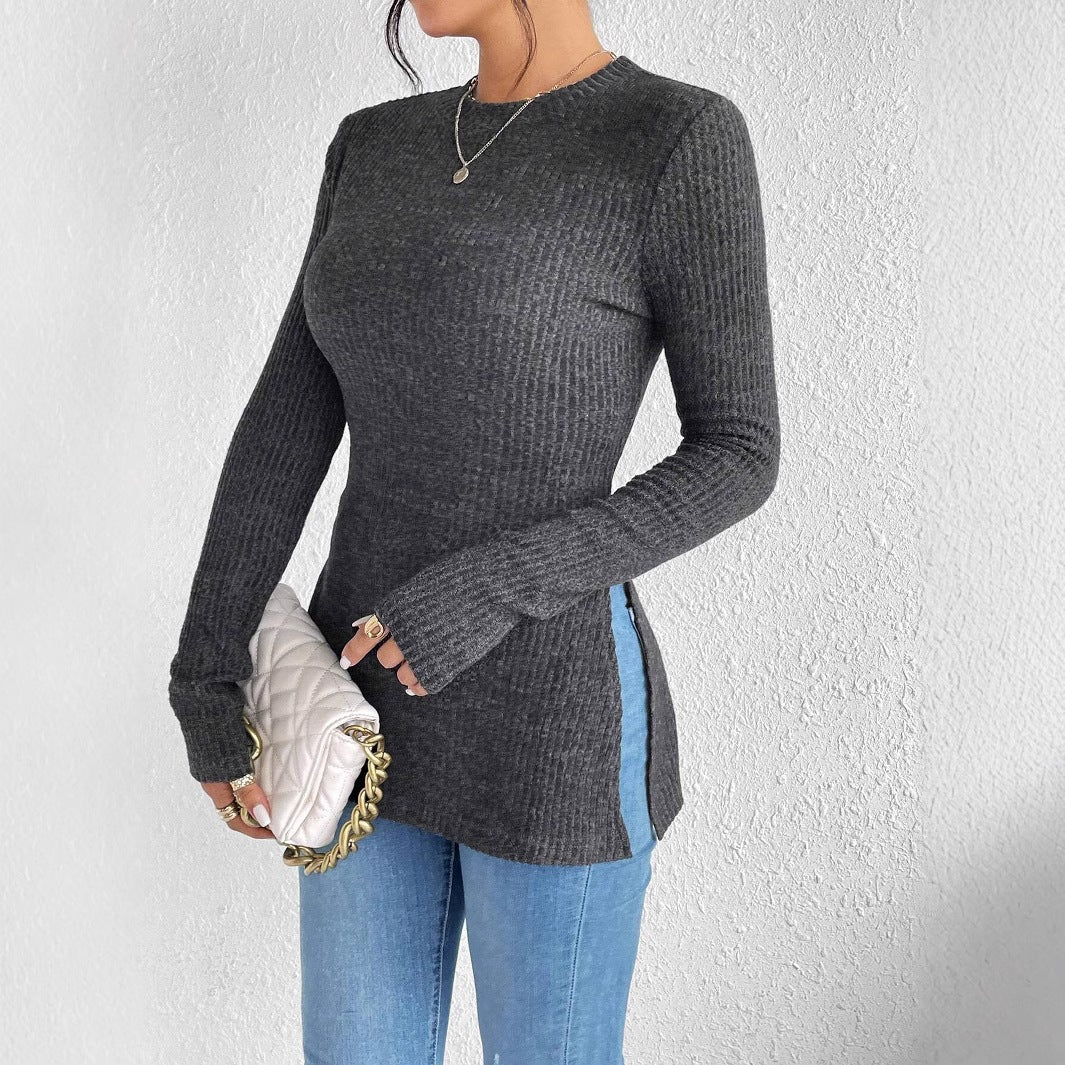New Arrival Solid Color Ribbed Brushed Knit T-Shirt With Round Neck And Ribbed Hem