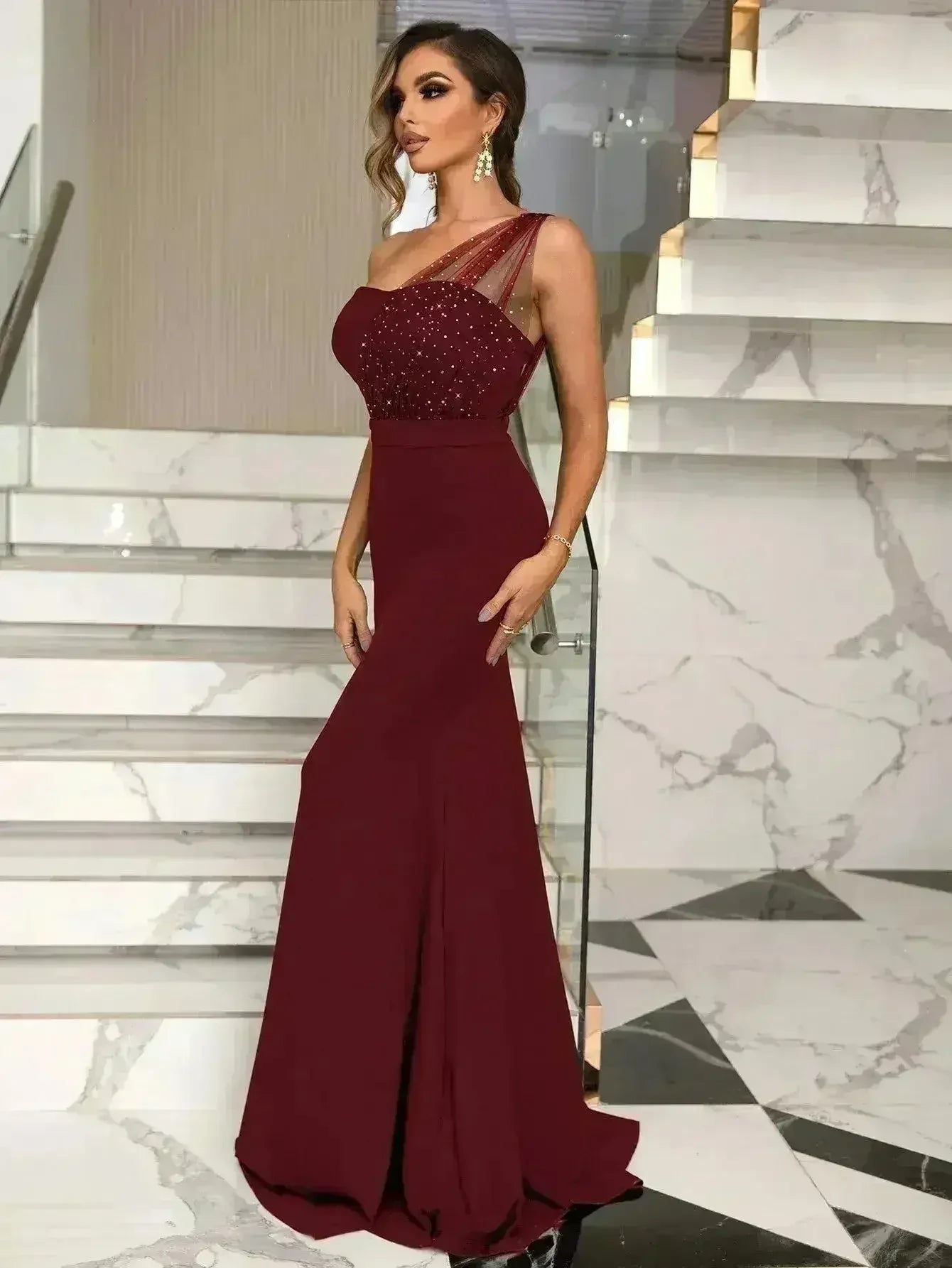 Rhinestone One-Shoulder Elegant Evening Gown