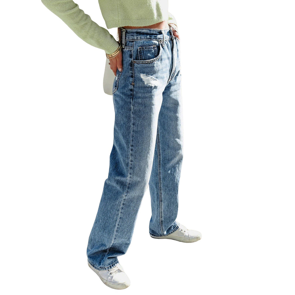 Loose-fit Straight-leg Ripped High-elastic Jeans