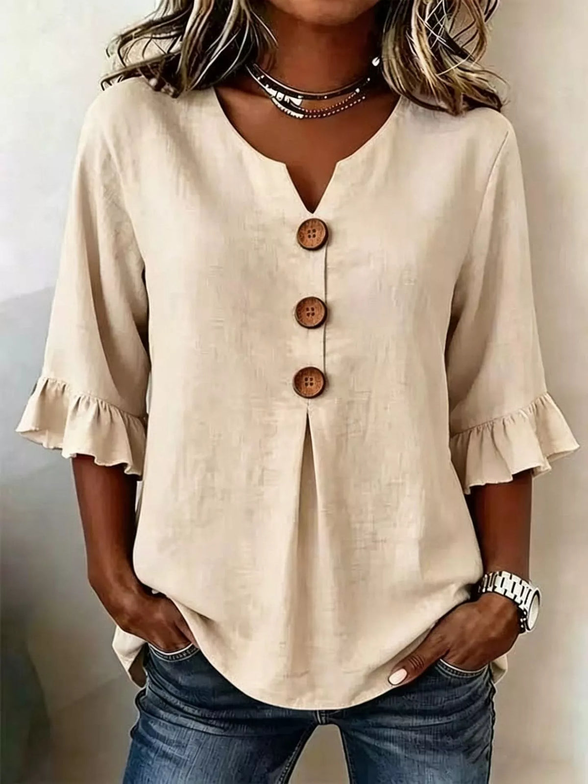 Casual Ruffle‑Sleeve - Button Top Plus Size