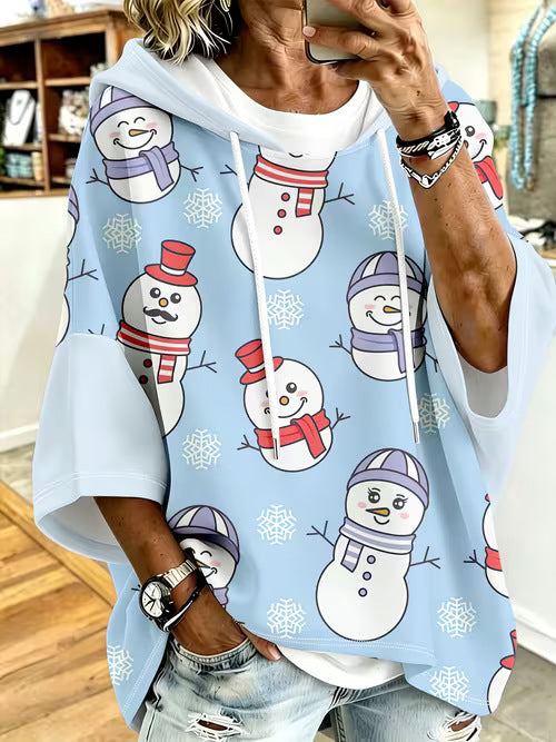 Retro-Print Hoodie With Drawstring And Three-Quarter Sleeves
