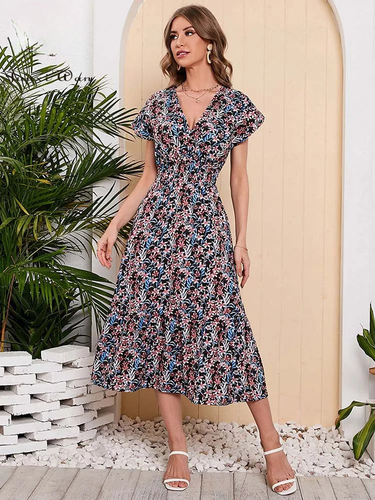 Chiffon Floral Print Long  Short Sleeve Dress