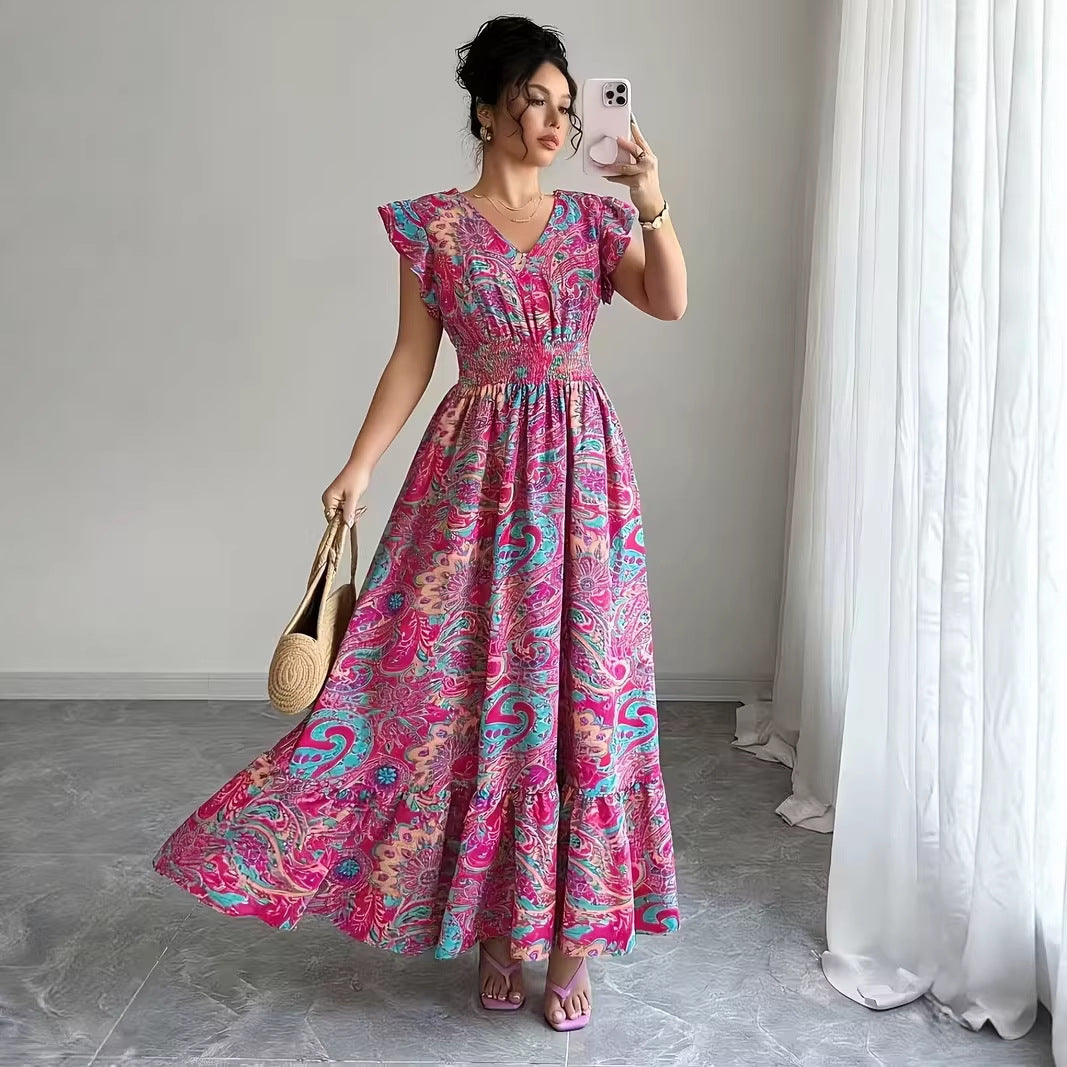 High Waisted Sleevless V-Neck Floral Print A-Line Midi Dress